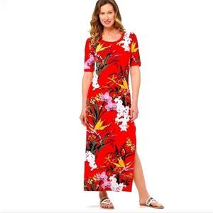 G.I.L.I. Jetsetter Red Tropical Floral Short Sleeve Maxi Dress Size Small Petite